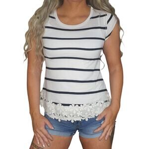 White Striped Floral Shirt Womens XS Lace Crochet Embroidered Boho Preppy